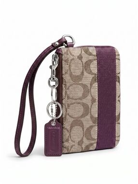 Coach Signature Stripe Wristlet Khaki Canvas Purple Leather Zip Pouch